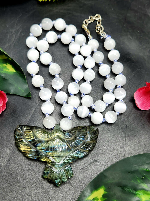 Selenite Bead Mala Necklace with Labradorite Phoenix Pendant - Embrace Renewal and Transformation