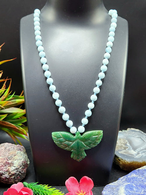 Aquamarine Bead Mala Necklace with Green Aventurine Phoenix Pendant - Embrace Renewal and Prosperity
