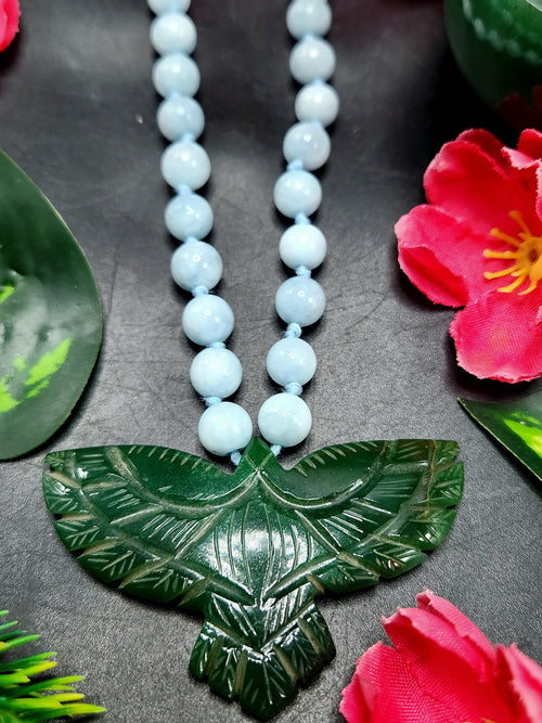 Aquamarine Bead Mala Necklace with Green Aventurine Phoenix Pendant - Embrace Renewal and Prosperity