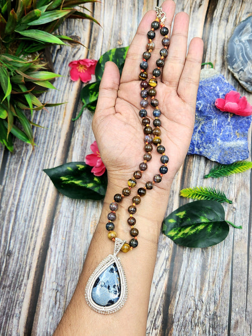 Pietersite and Tiger Eye Bead Mala Necklace with Wire-Wrapped Pietersite Pendant - Embrace the Harmonious Beauty of Nature
