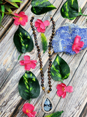 Pietersite and Tiger Eye Bead Mala Necklace with Wire-Wrapped Pietersite Pendant - Embrace the Harmonious Beauty of Nature