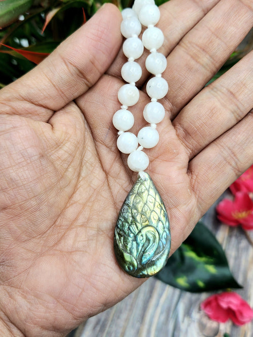 White Moonstone Bead Mala Necklace with Labradorite Peacock Pendant - Embrace the Radiant Beauty of Nature