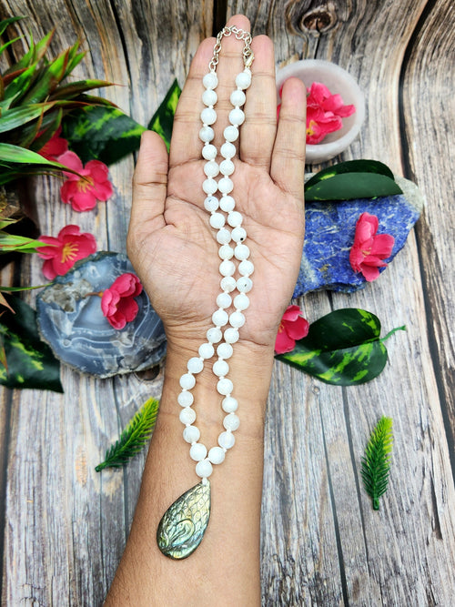 White Moonstone Bead Mala Necklace with Labradorite Peacock Pendant - Embrace the Radiant Beauty of Nature