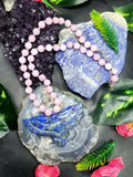 Kunzite Bead Mala Necklace with Lapis Lazuli Phoenix Pendant - Embrace Transformation and Inner Wisdom