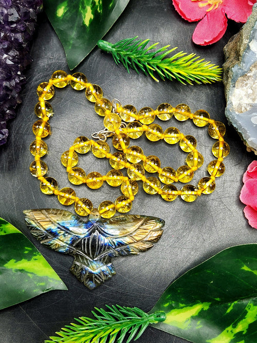 Citrine Bead Mala Necklace with Labradorite Phoenix Pendant - Harness Your Inner Power and Transformation
