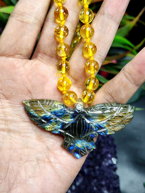 Citrine Bead Mala Necklace with Labradorite Phoenix Pendant - Harness Your Inner Power and Transformation