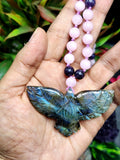 Kunzite and Lepidolite Bead Mala Necklace with Labradorite Phoenix Pendant - Embrace Transformation and Inner Balance