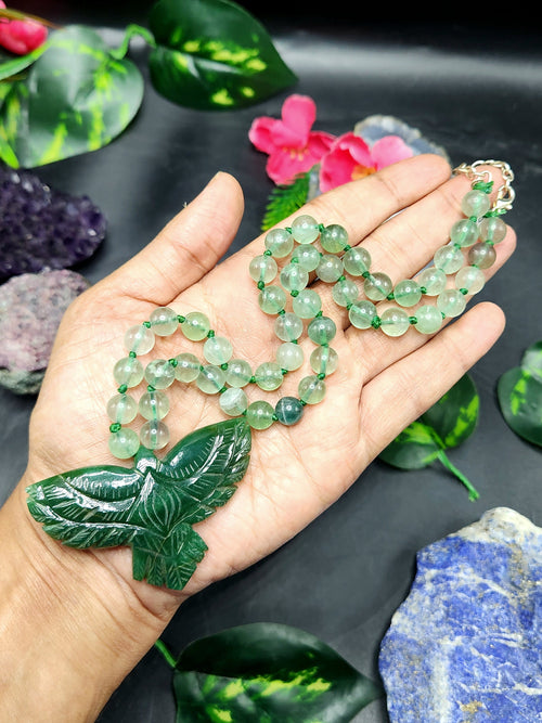 Green Fluorite Bead Mala Necklace with Green Aventurine Phoenix Pendant - Harness Renewal and Abundance