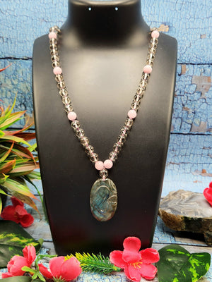 Smokey Quartz and Kunzite Bead Mala Necklace with Labradorite Om Symbol Pendant - Embrace Spiritual Harmony and Inner Peace