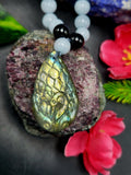 Aquamarine and Black Onyx Bead Mala Necklace with Labradorite Peacock Pendant - Embrace Inner Wisdom and Elegance