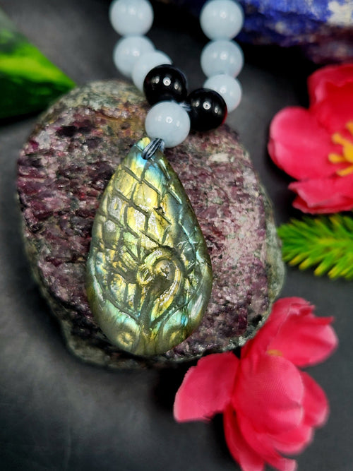 Aquamarine and Black Onyx Bead Mala Necklace with Labradorite Peacock Pendant - Embrace Inner Wisdom and Elegance