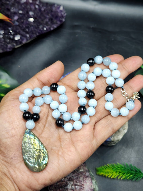 Aquamarine and Black Onyx Bead Mala Necklace with Labradorite Peacock Pendant - Embrace Inner Wisdom and Elegance