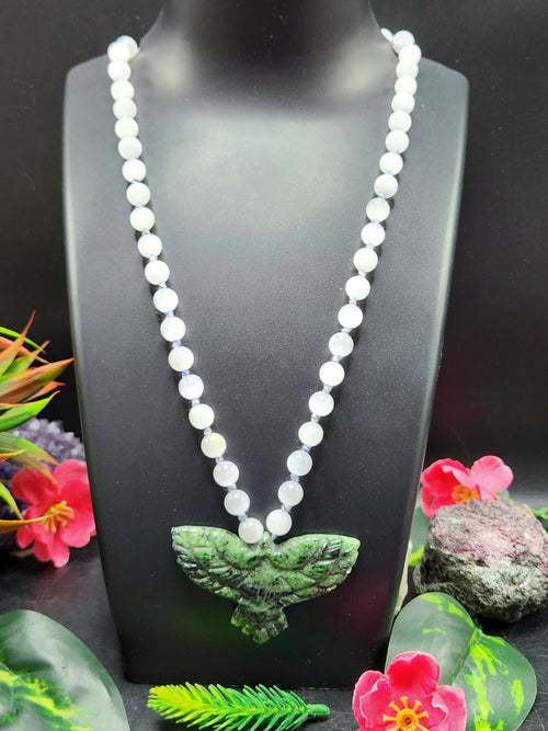 Selenite Bead Mala Necklace with Zoisite Phoenix Pendant - Embrace Renewal and Transformation