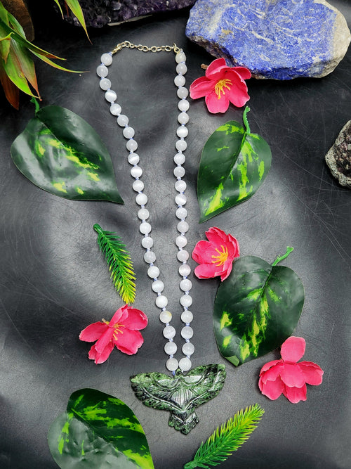 Selenite Bead Mala Necklace with Zoisite Phoenix Pendant - Embrace Renewal and Transformation
