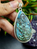 Labradorite Floral Carving Teardrop Pendant - Captivating Beauty in Silver-Coated Metal