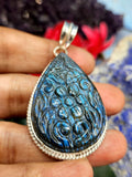 Labradorite Floral Carving Teardrop Pendant - Unveiling Nature's Iridescent Beauty
