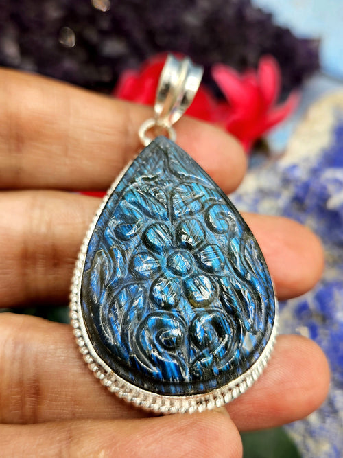 Labradorite Floral Carving Teardrop Pendant - Unveiling Nature's Iridescent Beauty