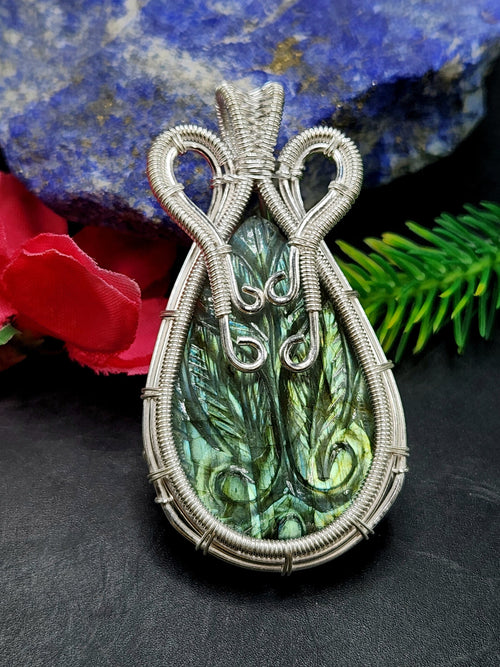 Labradorite Peacock Carving Wire Wrapped Pendant - A Mesmerizing Display of Elegance and Artistry