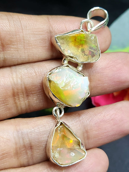 Ethiopian Opal Rough Triple Stone Pendant: A Tryst with Earth's Enigmatic Splendor
