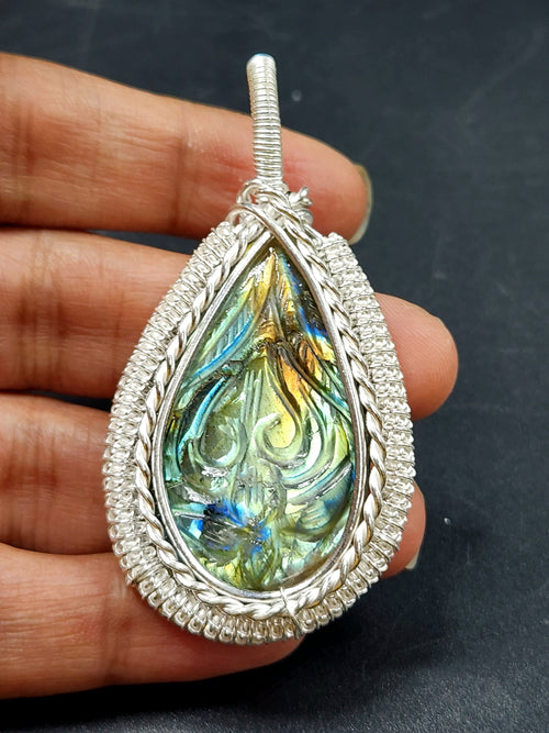 Labradorite Floral Carving Teardrop Wire-Wrapped Pendant - A Timeless Expression of Elegance
