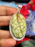 Labradorite Floral Carving Oval Pendant - Captivating Mystique Crafted by Artisans