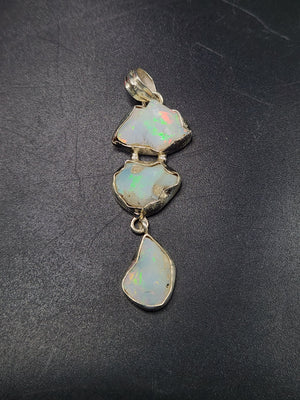 Ethiopian Opal Rough Triple Stone Pendant - Nature's Triplet Symphony in Silver