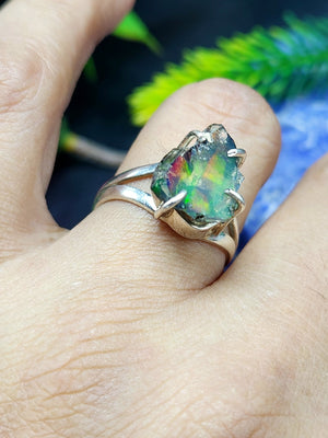 Ethiopian Opal Rough Single Stone Ring - Nature's Elegance in Sterling Silver