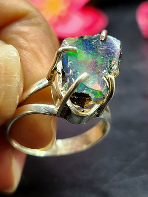 Ethiopian Opal Rough Single Stone Ring - Nature's Elegance in Sterling Silver