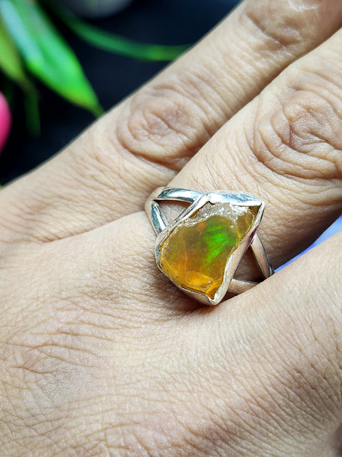 Ethiopian Opal Rough Single Stone Ring - A Glimpse of Nature's Enchantment in Sterling Silver