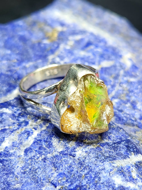 Ethiopian Opal Rough Single Stone Ring - Nature's Masterpiece in Sterling Silver