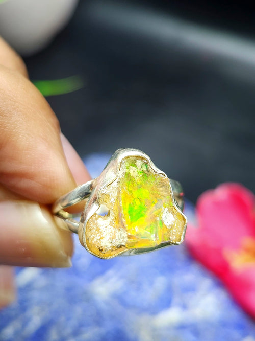 Ethiopian Opal Rough Single Stone Ring - Nature's Masterpiece in Sterling Silver