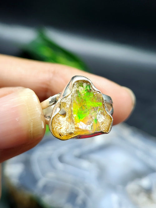 Ethiopian Opal Rough Single Stone Ring - Nature's Masterpiece in Sterling Silver