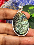 Labradorite Floral Carving Oval Pendant - Unearth the Enchanting Beauty