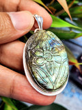 Labradorite Floral Carving Oval Pendant - Unearth the Enchanting Beauty