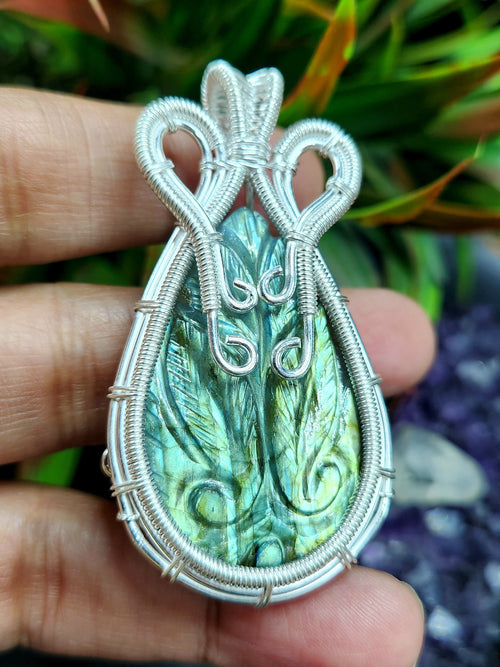 Labradorite Peacock Carving Wire Wrapped Pendant - A Mesmerizing Display of Elegance and Artistry