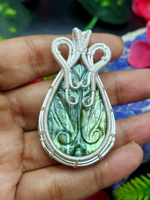 Labradorite Peacock Carving Wire Wrapped Pendant - A Mesmerizing Display of Elegance and Artistry