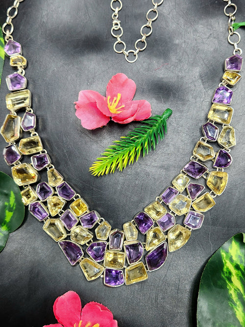 Citrine and Amethyst Faceted Stone Necklace - A Harmonious Fusion of Elegance and Energy - 521 carats
