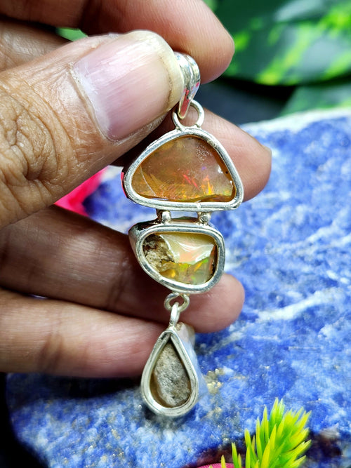 Ethiopian Opal Rough Triple Stone Pendant: A Radiant Trio of Nature's Artistry