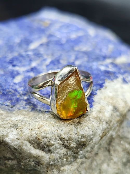 Ethiopian Opal Rough Single Stone Ring - A Glimpse of Nature's Enchantment in Sterling Silver