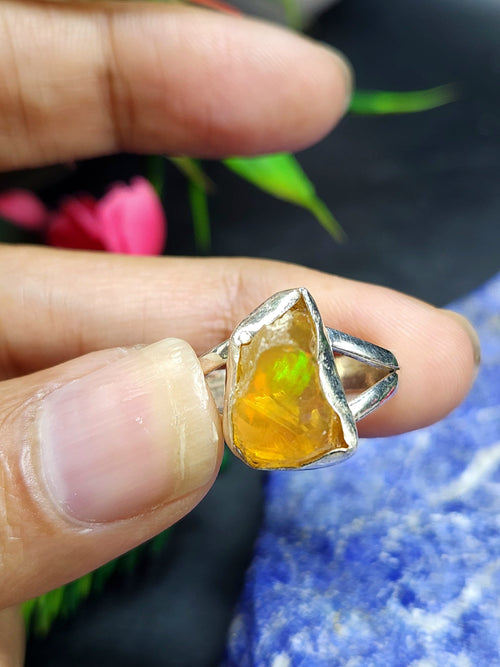 Ethiopian Opal Rough Single Stone Ring - A Glimpse of Nature's Enchantment in Sterling Silver