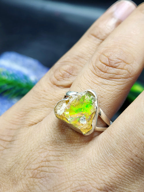 Ethiopian Opal Rough Single Stone Ring - Nature's Masterpiece in Sterling Silver