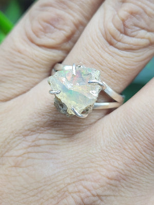 Ethiopian Opal Rough Single Stone Ring - Nature's Splendor in Sterling Silver