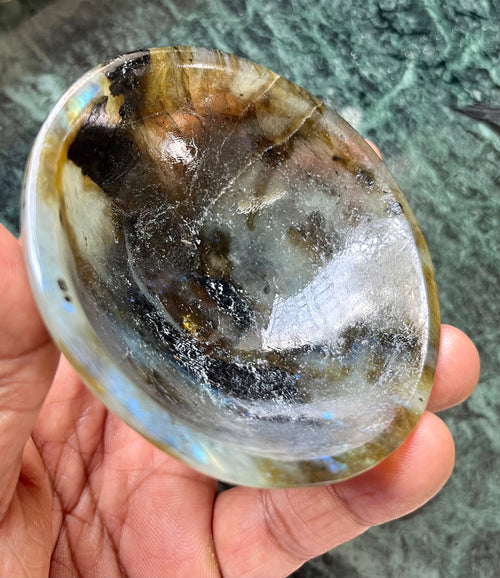 Beautiful Labradorite hand carved round bowls - 3 inches diameter and total weight 145 gms (0.32 lb) - ONE BOWL ONLY