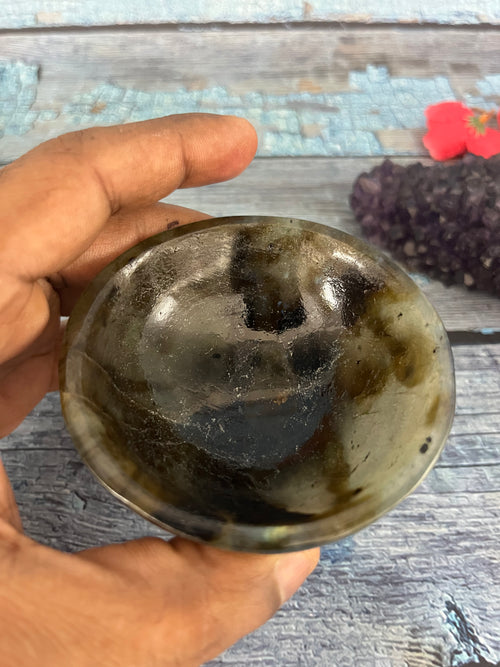 Beautiful Labradorite hand carved round bowls - 3 inches diameter and total weight 145 gms (0.32 lb) - ONE BOWL ONLY