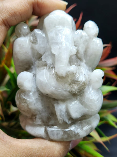 Moonstone Ganesh Handmade Carving - Lord Ganesha Idol | Figurine in Crystals and Gemstones - 3 inches and 220 gms